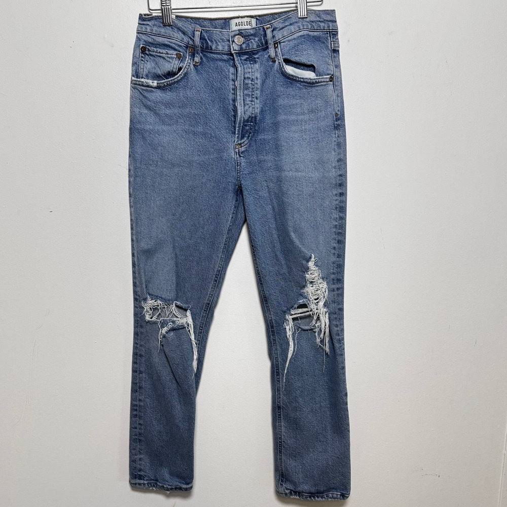 AGOLDE Riley Jeans 28 Blue High Rise Straight Distressed Cropped A056B-1255‎